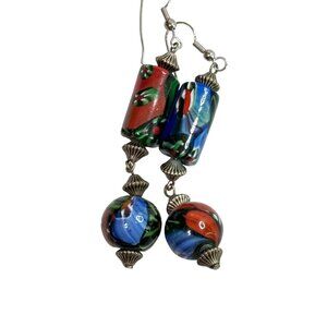 Vintage Colorful Murano Glass Beaded Drop Earrings With Silver Accents 2 1/2"